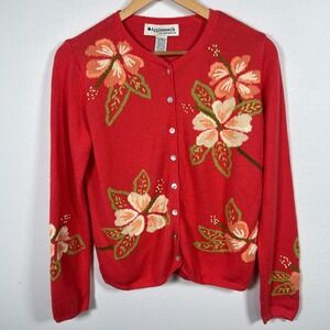 Vintage Womens Floral Embroidered Cardigan Sz M Granny Cottage 90s Y2K Orange